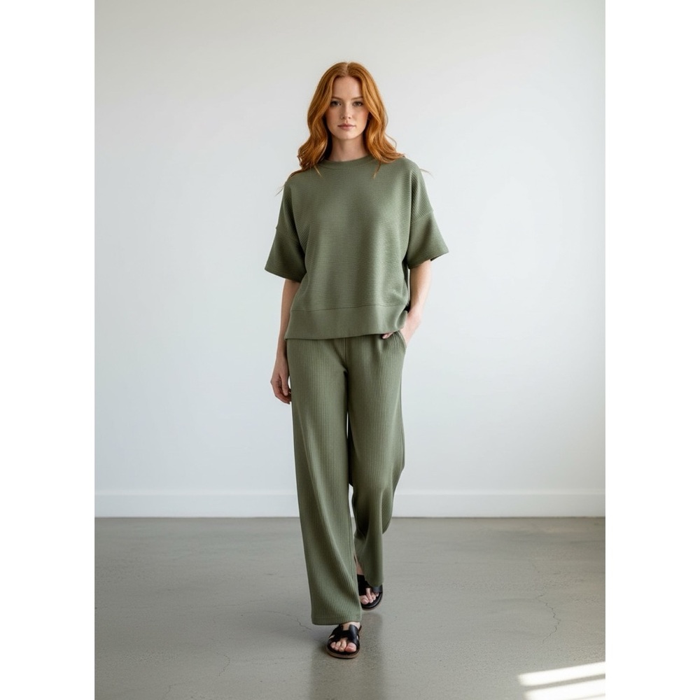 1228 • Light Olive Ribbed Texture Stretch Wide Leg Pants Set